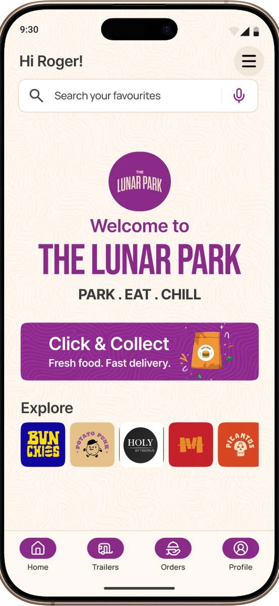 App home screen with Click & Collect and vendor shortcuts