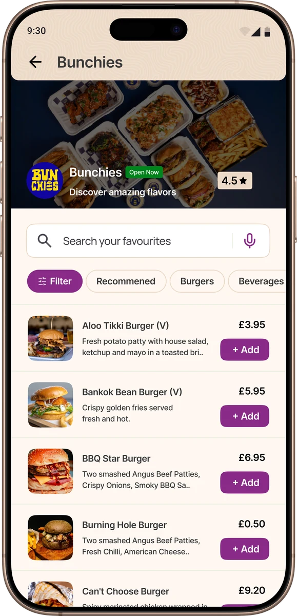 Bunchies menu with burgers, prices and Add buttons