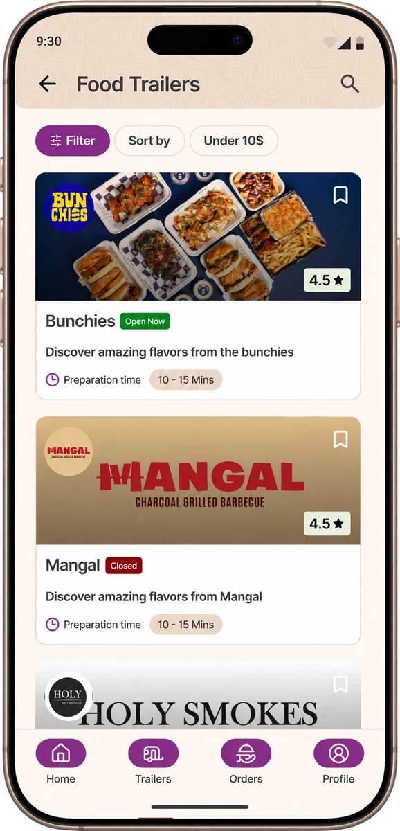 Food Trailers list showing Bunchies open now and Mangal closed
