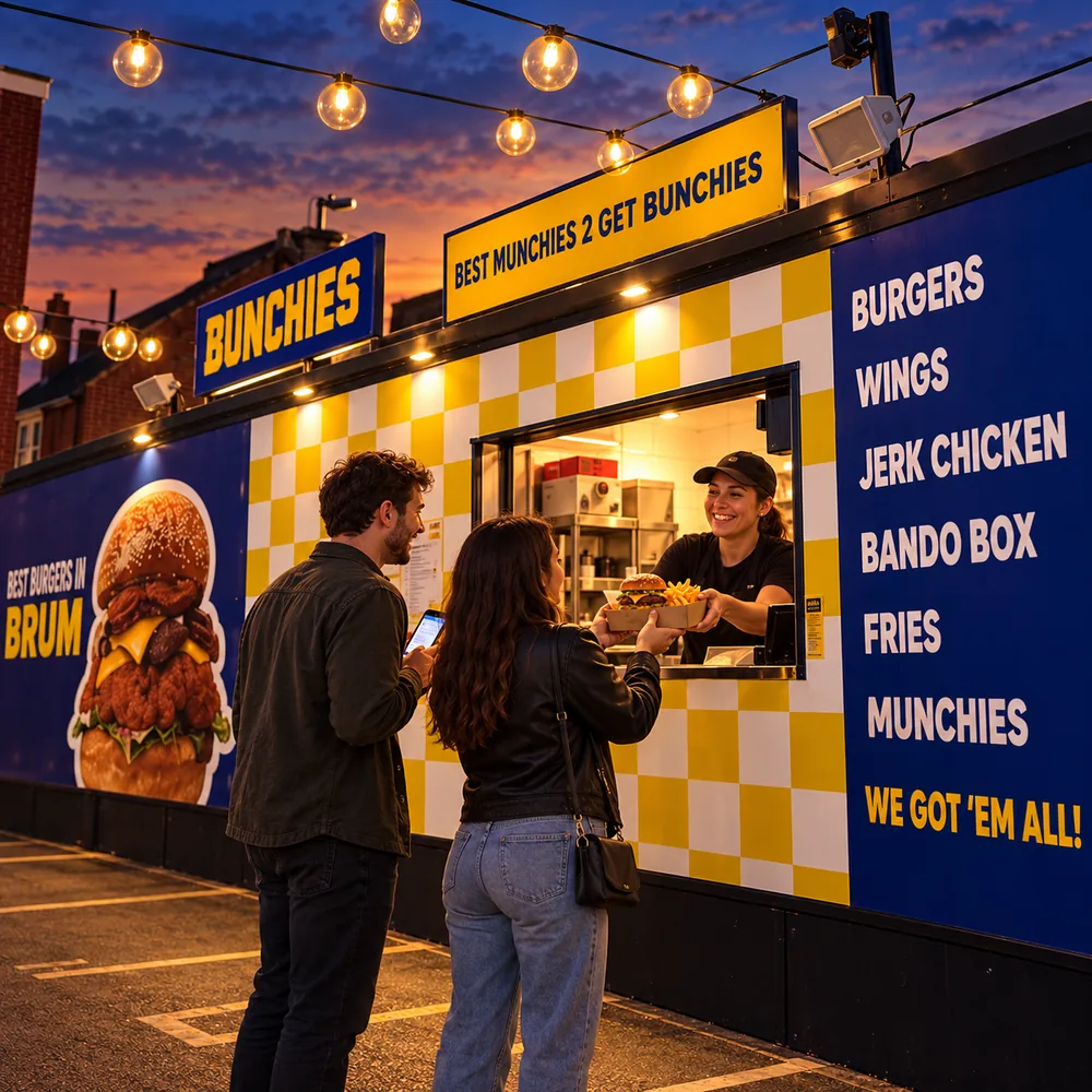 A couple collecting a burger and fries from the Bunchies food truck at dusk