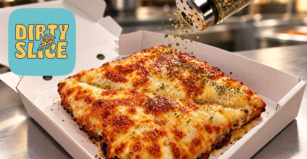 Dirty Slice cheesy pizza slices in the box